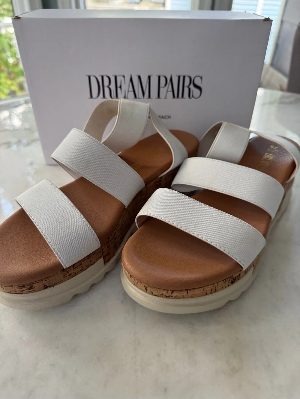 Dream Pairs White Triple-Strap Cork Platform Sandals